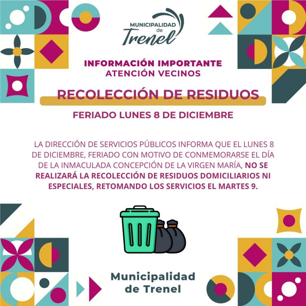 Trenel: el lunes NO se realizará la recolección de Residuos Domiciliarios ni Especiales